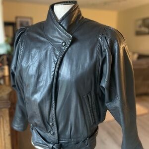 EMBLEM vintage 80’s leather Black Bomber Jacket w/zip out liner & dolman sleeves